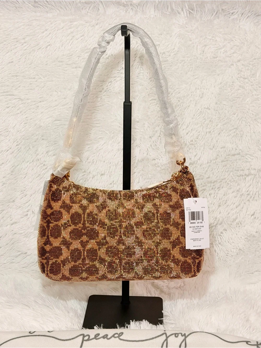 Coach Teri Shoulder Bag In Signature Beaded Satin brown / gold NWT